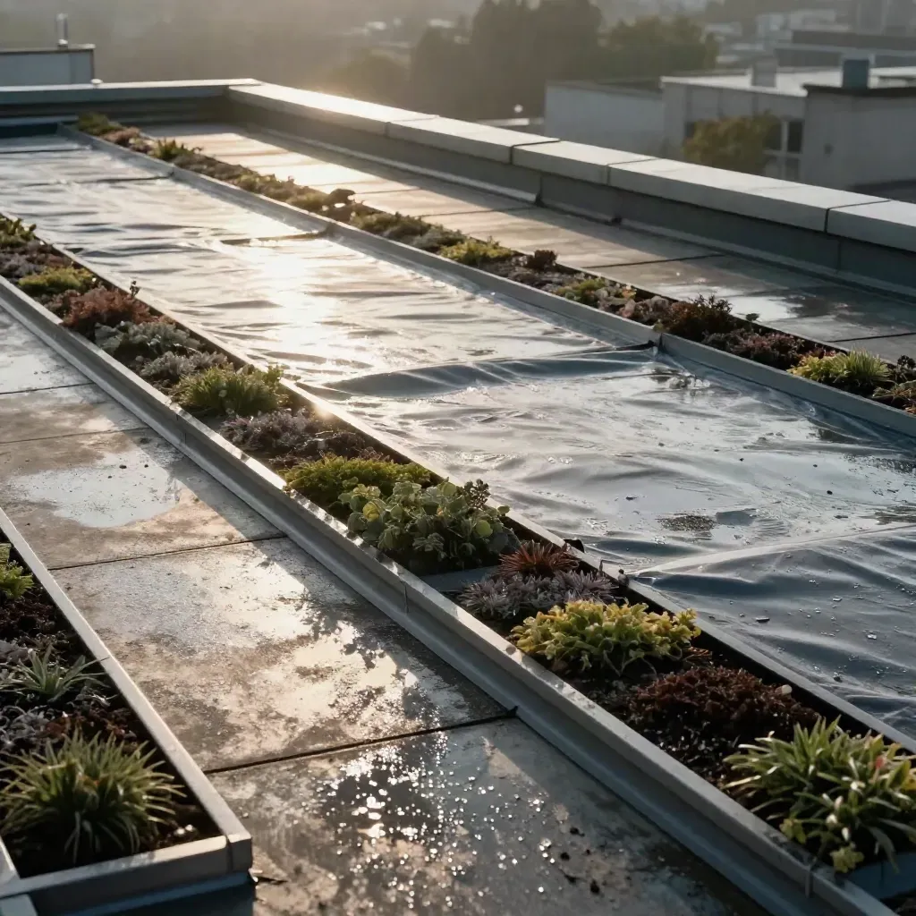 Tetto tecnico con membrane, cassoni leggeri e sedum bagnati dalla luce del mattino
