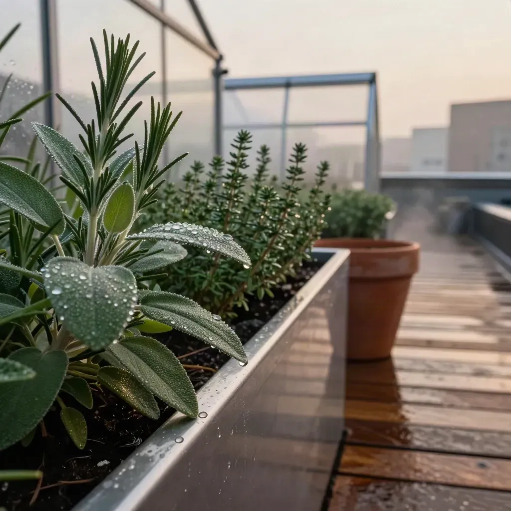 Dettaglio macro di orto su tetto bagnato, luce del primo sole e mini serra urbana.