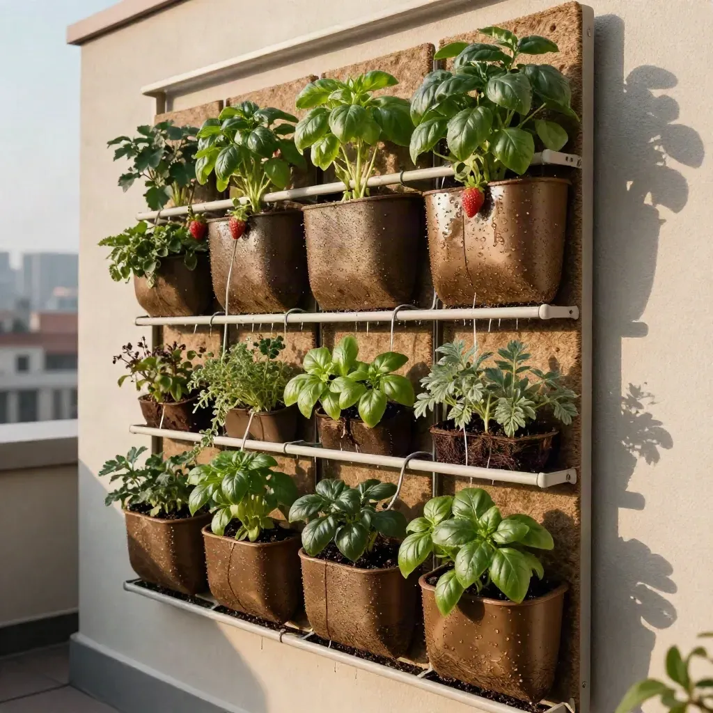 Parete verticale di moduli agricoli con basilico, fragole ed erbe su terrazza urbana chiara.