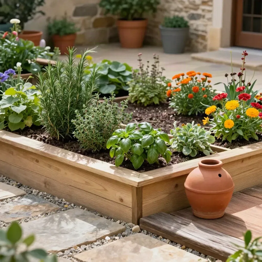 Cortile con aiuole edibili, erbe, fragole e fiori tra legno, pietra e terracotta