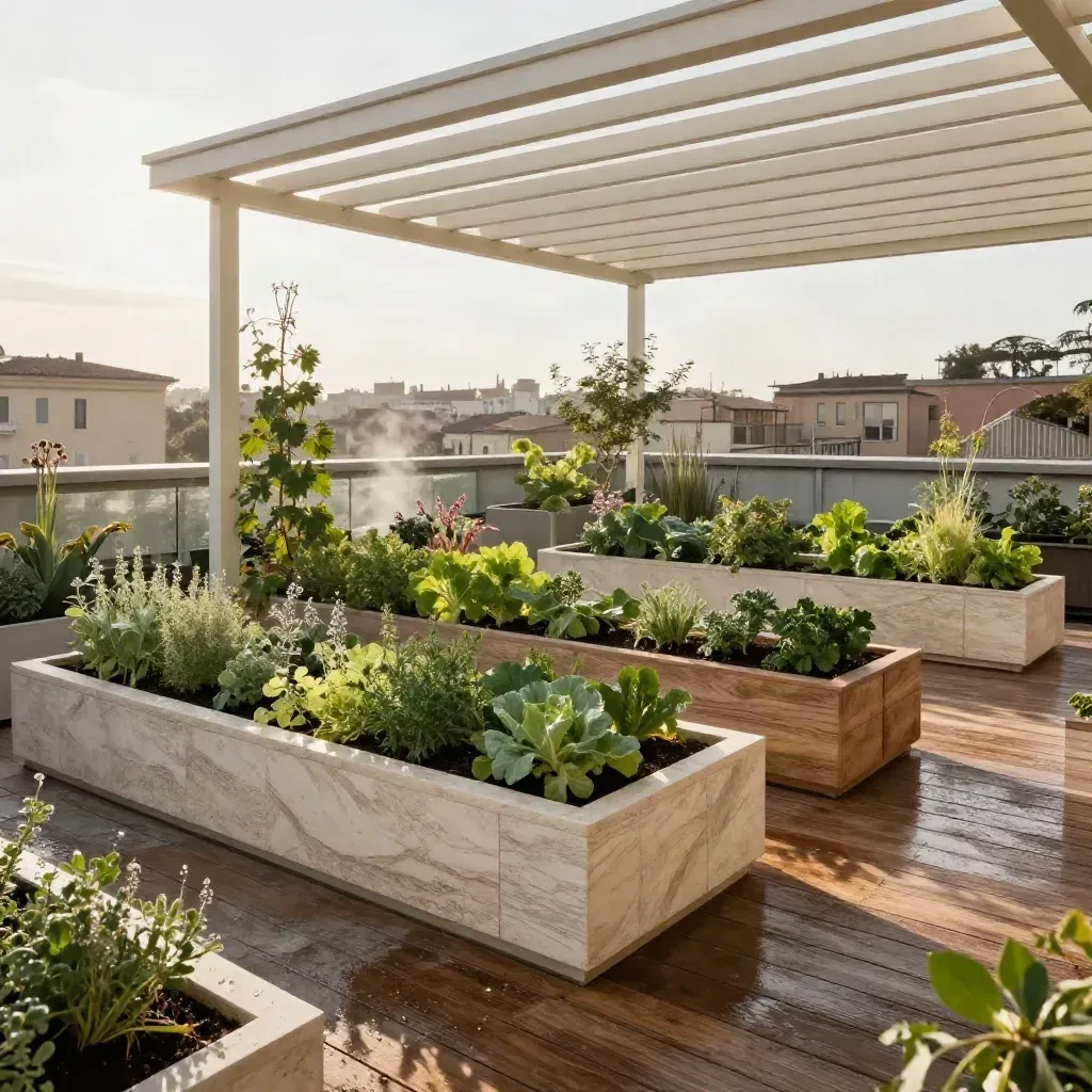 Tetto verde urbano con aiuole, pergola leggera e decking bagnato sullo skyline.
