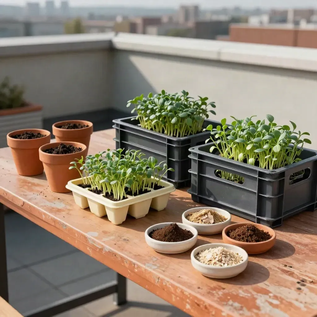 Tavolo didattico su terrazza urbana con vasetti, microgreen e campioni di substrato