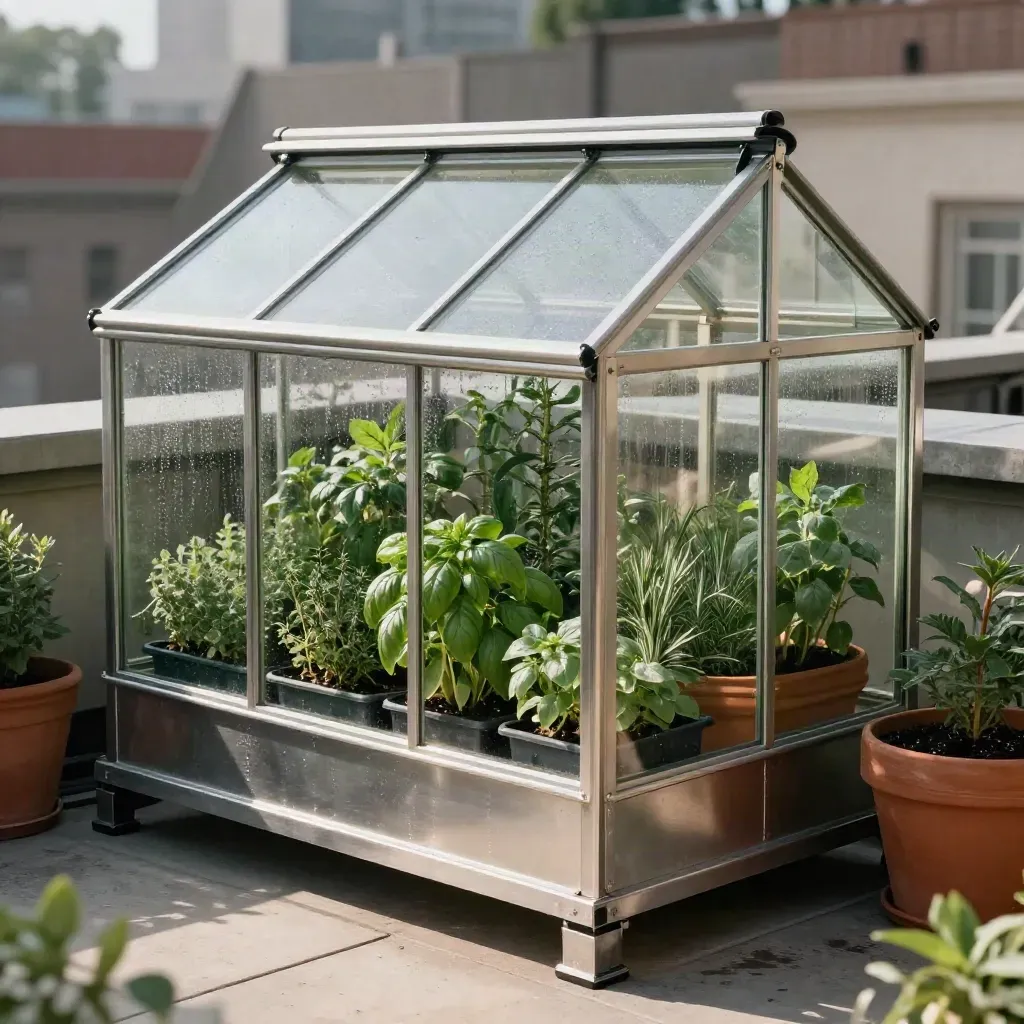 Serra compatta su terrazza ristorante con erbe aromatiche e cassette in terracotta, pronta alla cucina.