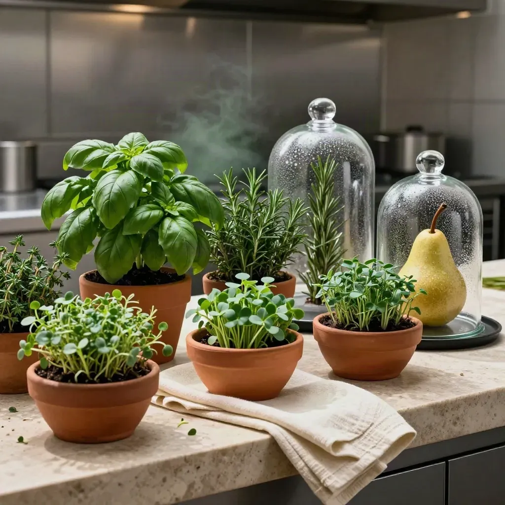Erbe aromatiche e microgreen sotto cloche su piano di servizio in cucina.