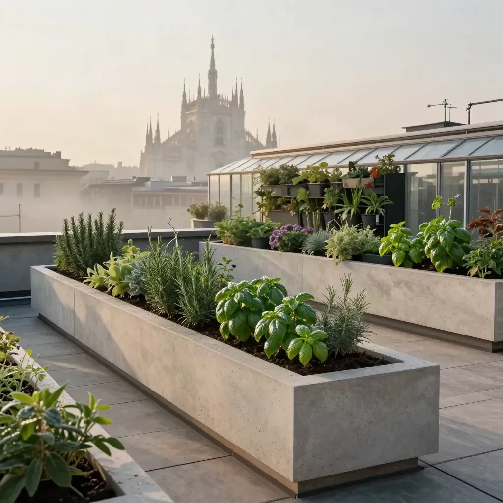 Tetti verdi su Milano all’alba, con Duomo lontano e nebbia urbana.