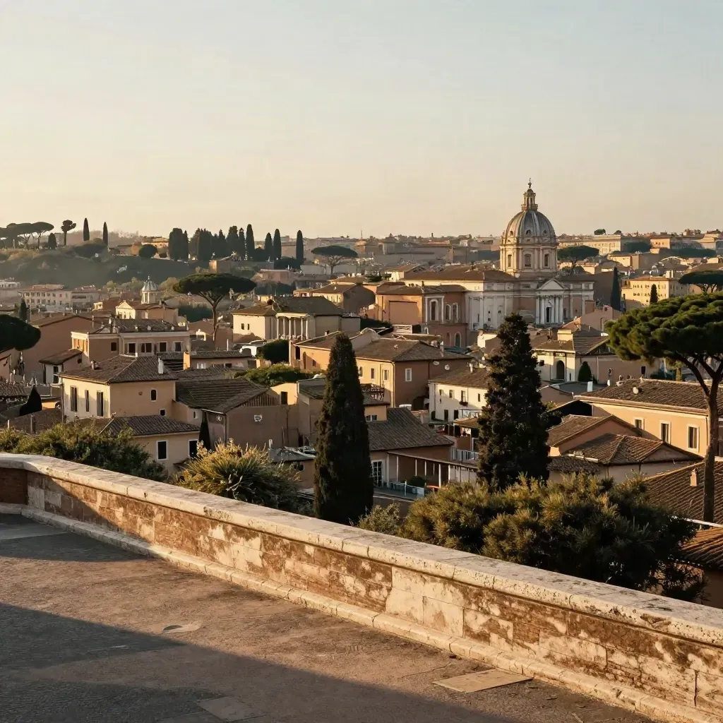 Vista dorata di Roma dai colli con pini parasole e cupola lontana sopra terrazze di travertino.
