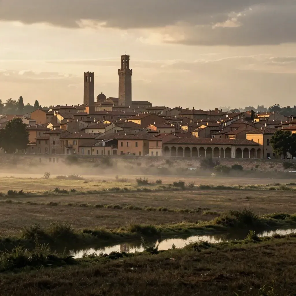 Bologna vista dall’alto con tetti rossi, portici lontani e campi umidi nella nebbia del tramonto.